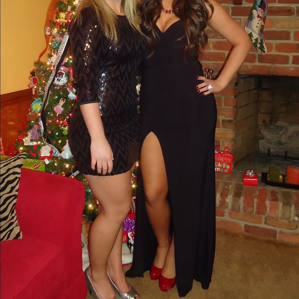 Long black prom dress on right